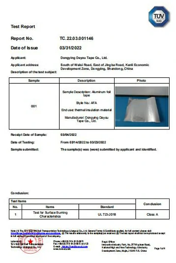Test for Surface Burning Characteristics Report of Aluminum Foil Tape