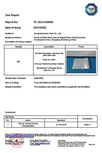 Test for Surface Burning Report of Aluminum Foil Glass Cloth Tape