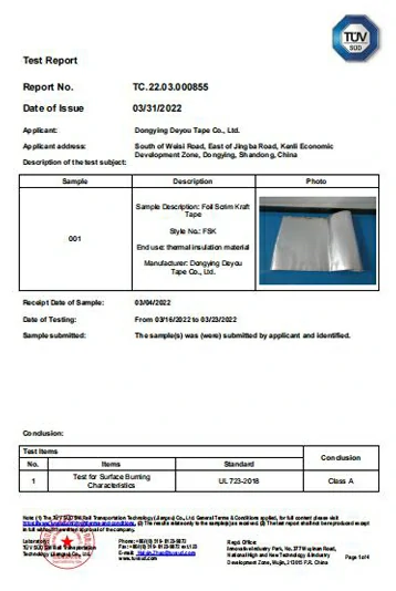 Test for Surface Burning Characteristics Report of Foil Scrim Kraft Tape